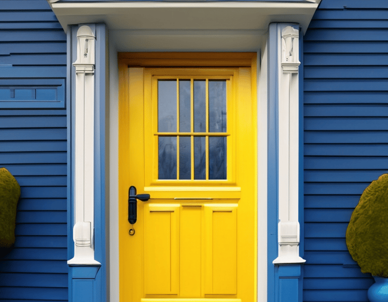 a yellow door with a blue and white door