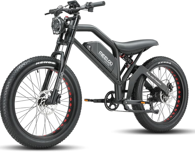 a black and white electric bike with a black seat