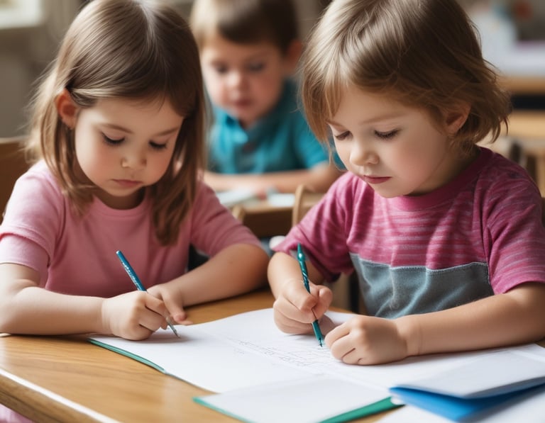 a young girl sitting at a table with a pencil and pencil