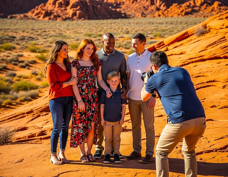a family posing for a photo in the desert