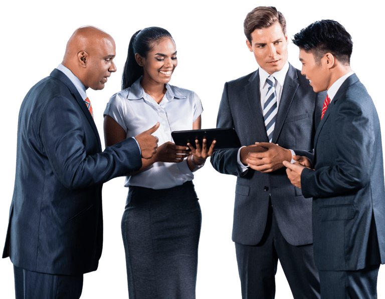 a group of business people standing around a tablet