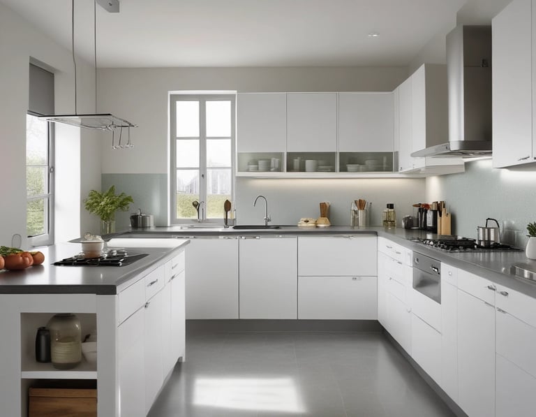 A sparkling kitchen countertop after a deep clean, sunlight streaming through the window.