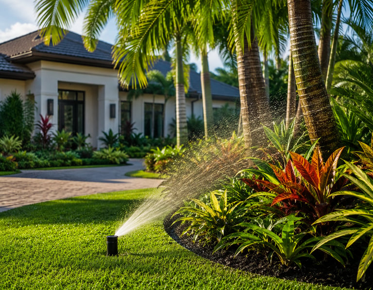 Automatic lawn sprinkler system watering a lush green yard and tropical garden plants near a luxury home.