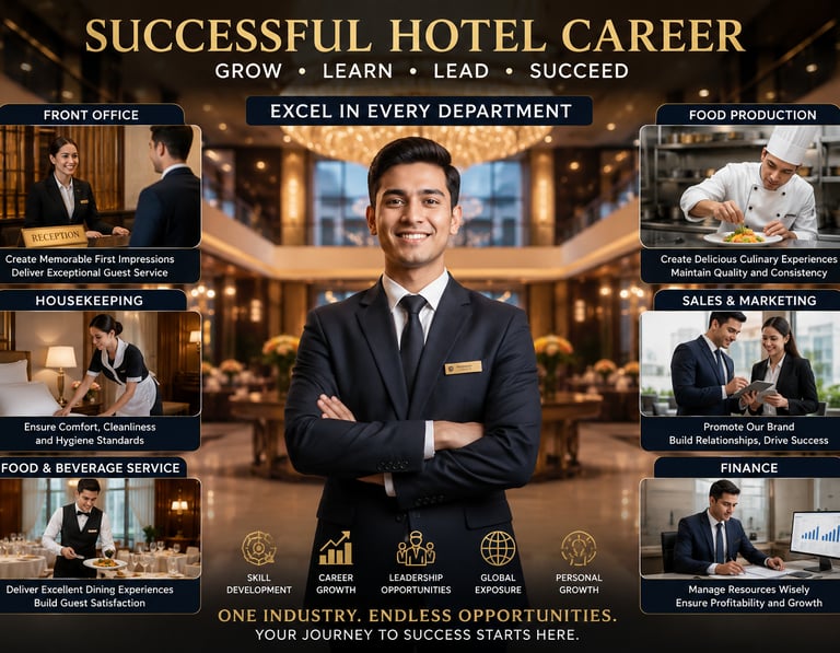 Various hotel career opportunities including front office, food production, and finance.