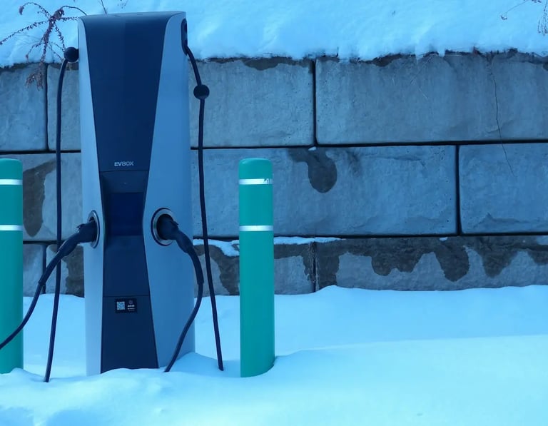 Stand de borne de recharge Flo X3 sur socle ancré, câbles flexibles par grand froid, installé dans u