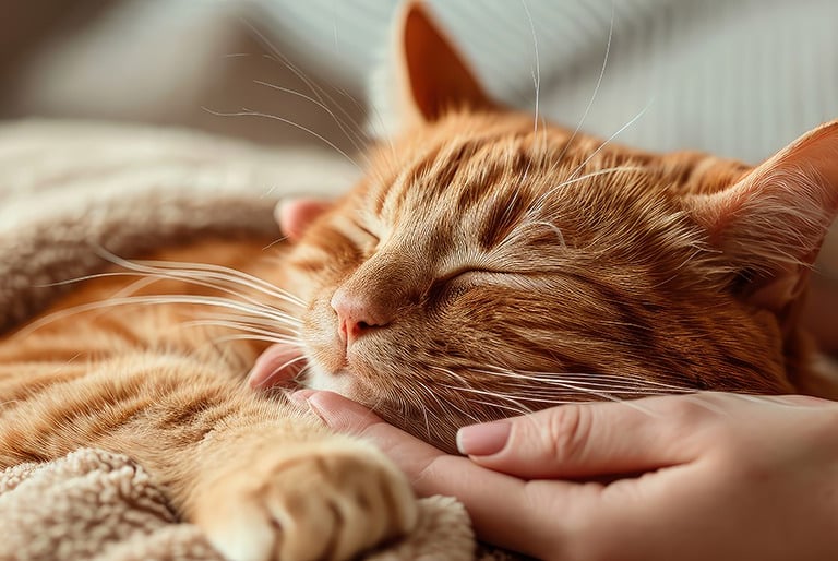 a cat sleeping on a blanket with a person's hand