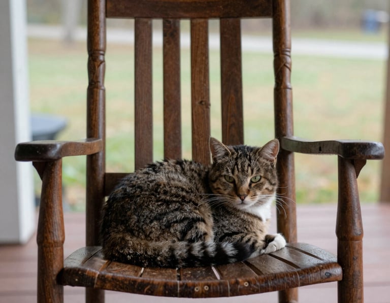 a cat on a rocking chair on a country porch