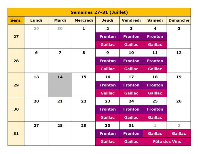 Calendrier Juillet