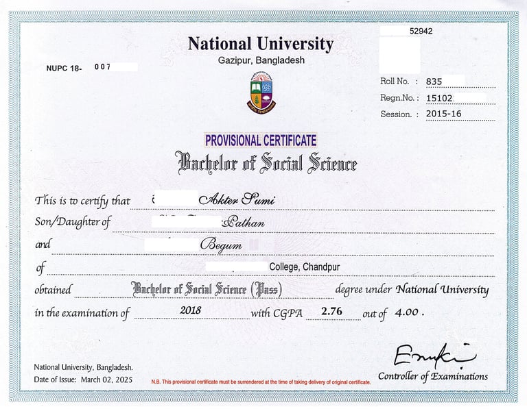 Provisional Certificate-জাতীয় বিশ্ববিদ্যালয়ের সাময়িক সনদ