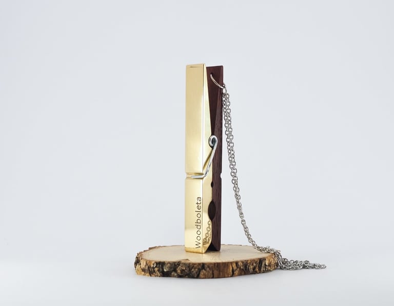 wenge wood and brass necklace inspired by clothes pin