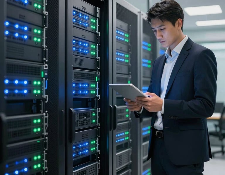 A tall server rack with blinking blue and green lights in a secure, modern data center. A professional in business attire stands nearby checking a tablet. Middle Eastern / Turkish corporate environment, sleek and clean.