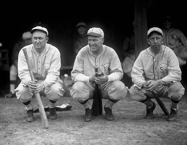 Phila Athletics. left to right, Ty Cobb, Tris Speaker, and Eddie Collins, at the Giants training camp, Augusta, Georgia.