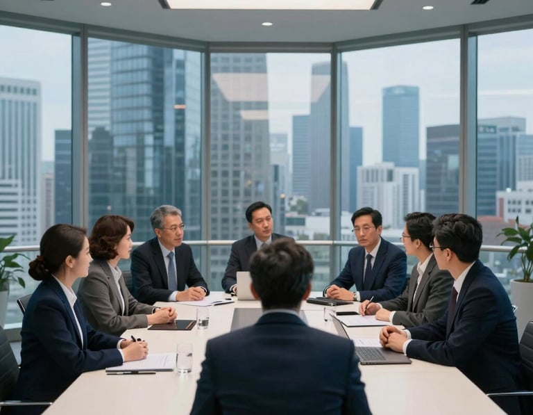A sharp, professional wide shot of a glass-walled boardroom overlooking a modern skyline. A group of business leaders in formal attire are collaborating. The color palette includes deep blue and dark navy tones with sophisticated off-white highlights.
