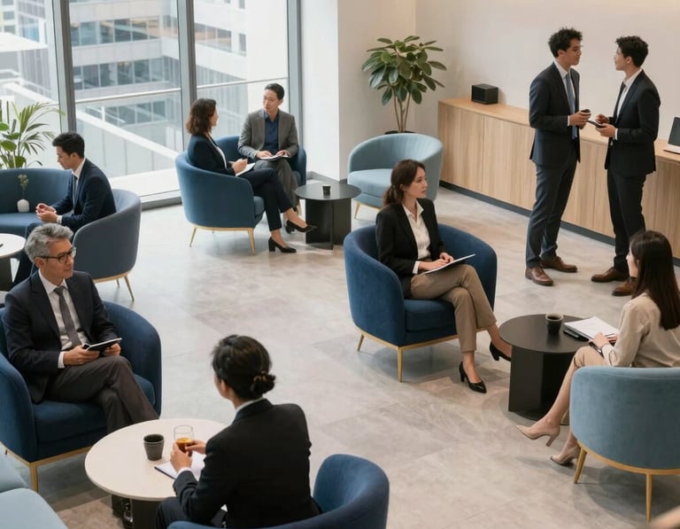 A high-angle photography shot of a bright, modern corporate office lounge in an International Global city where diverse business professionals are engaging in networking. The scene is lit with soft natural light, featuring deep blue and light blue furniture accents and off-white walls.