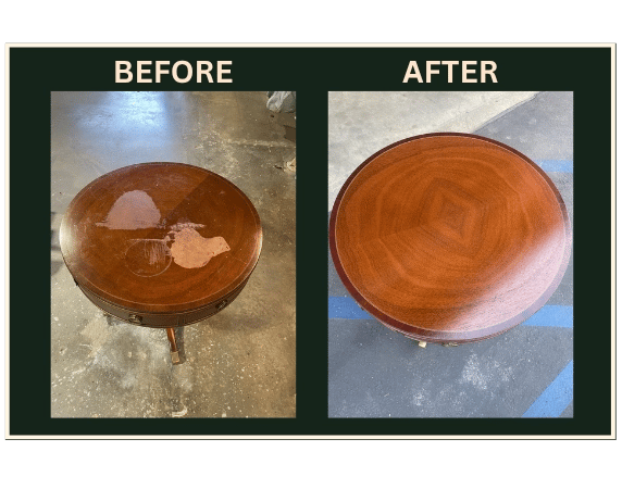 Before and after restoration of water-damaged antique wood table using laser stripping technology