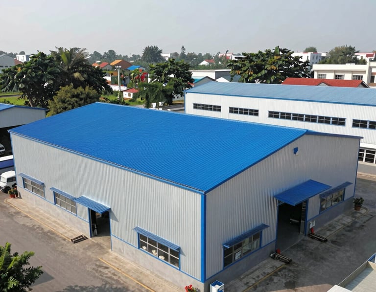 A sleek, modern office building exterior with the FV Roofing logo prominently displayed against a clear blue sky.