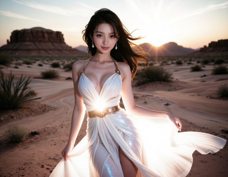 A model portrait of a woman in white flowing dress
