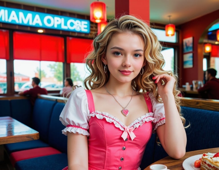 A woman in a red dress sitting in a restaurant