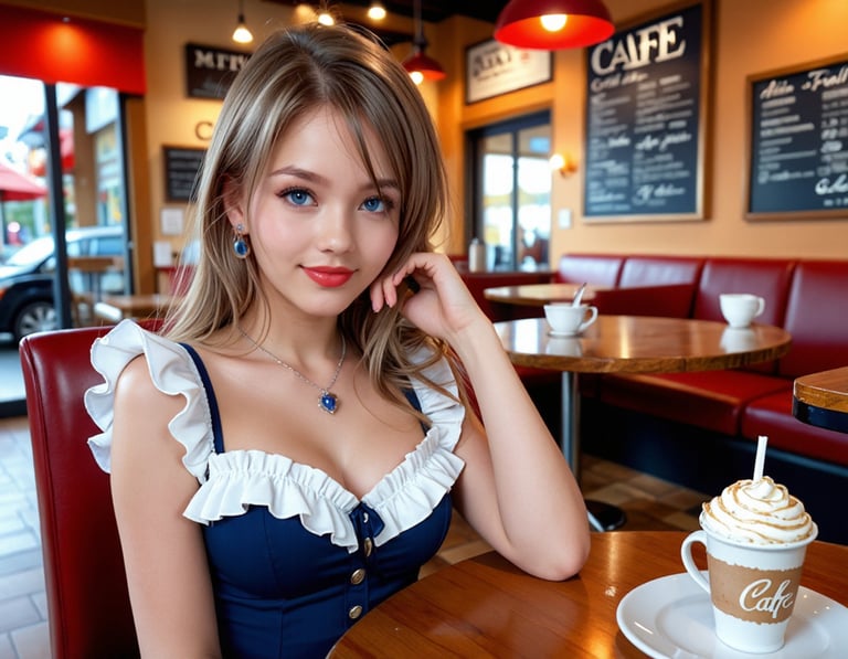 A woman in a blue dress sitting in a restaurant