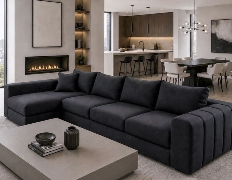 Black custom sectional sofa in modern open living room