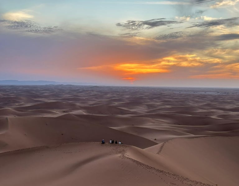 A view over a dune field in the Moroccan Sahara near M'hamid at sunset