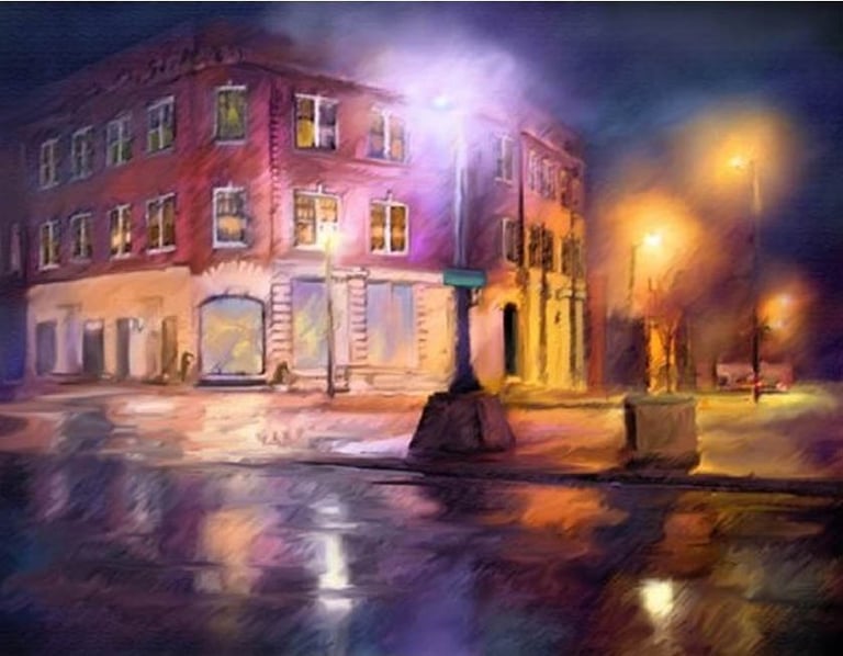 my town, misty night, downtown, uptown scene