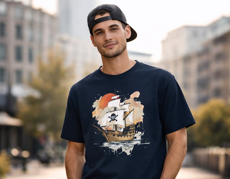 A man wearing a navy blue graphic t-shirt featuring a pirate ship illustration in a city setting.