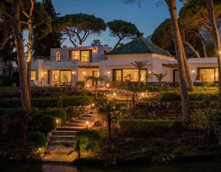 Nighttime facade of Villa El Rincon guest house