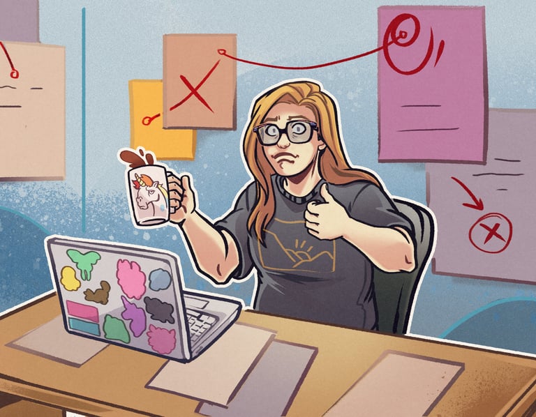 Cartoony illustration of Sara Dudenhoeffer sitting at her laptop looking a bit frazzled
