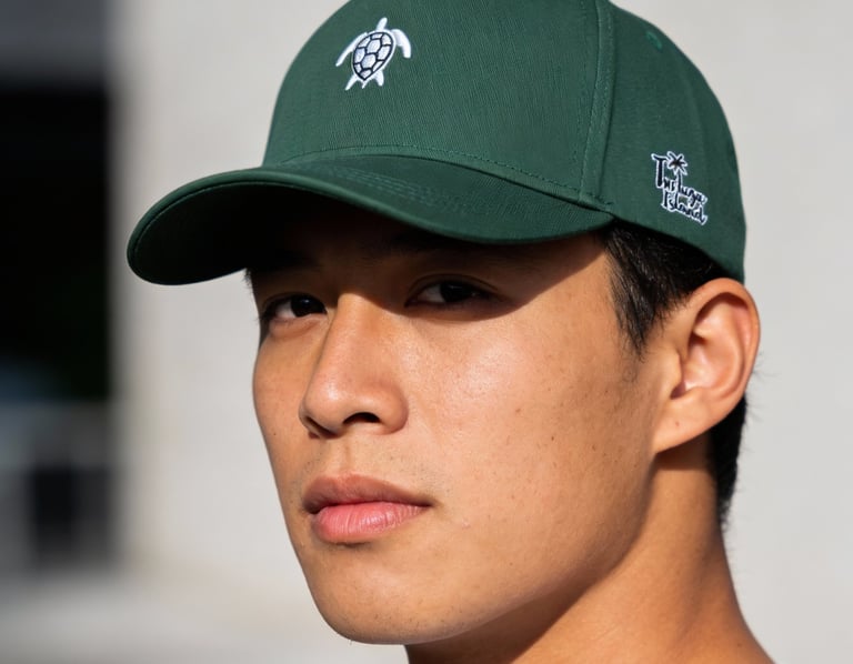 A man wearing a dark green baseball cap with a white turtle logo and palm tree embroidery.
