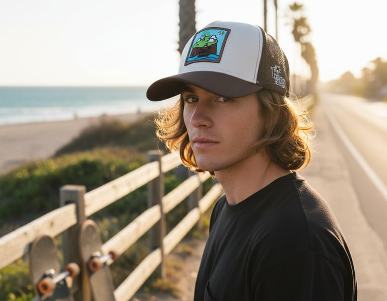 A young man with long hair wearing a custom trucker hat standing by skateboards at a sunny beach.
