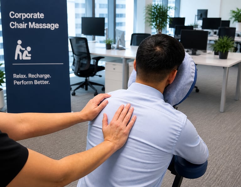 A chair massage being provided in an office environment. Employee in office clothes looks relaxed