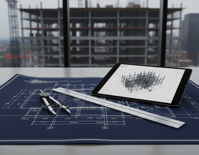 Creed Advisory Construction blueprint with digital structural model on a tablet,
