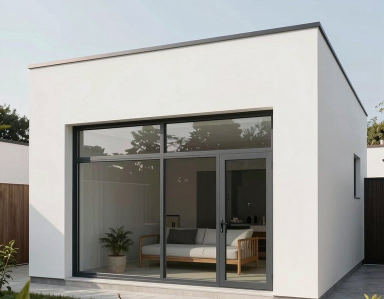 A sleek modern home front with clean lines under a bright blue sky symbolizing trust and stability.