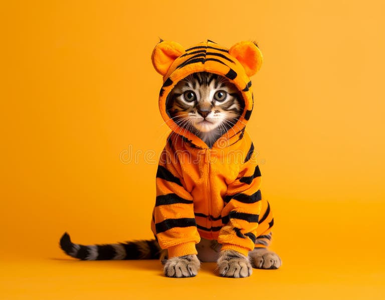 Gato pequeño con disfraz de Tigre y fondo Naranjo fuerte