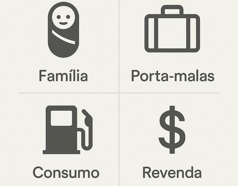 Matriz com ícones representando família, porta-malas, consumo e revenda para escolha de carro usado