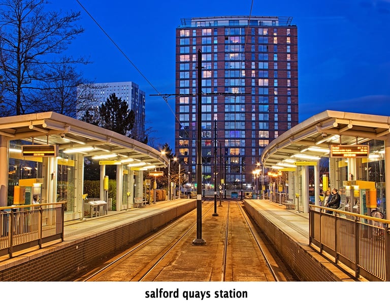 Salford Quays station, in Media City, Manchester at dusk