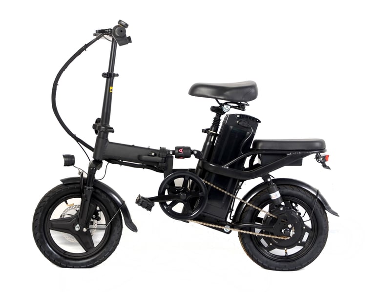 a black electric bike with a black seat