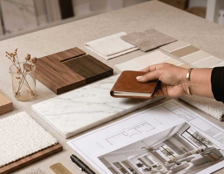 Bespoke interior design mood board with marble, wood samples, and architectural floor plans for tailored home styling.