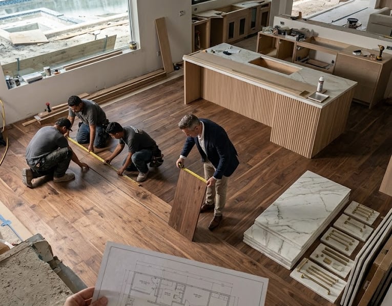Contractors and interior designer measuring walnut hardwood flooring during a modern kitchen renovation.