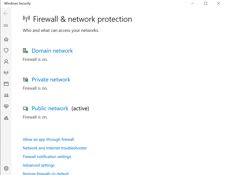example windows firewall & network options panel