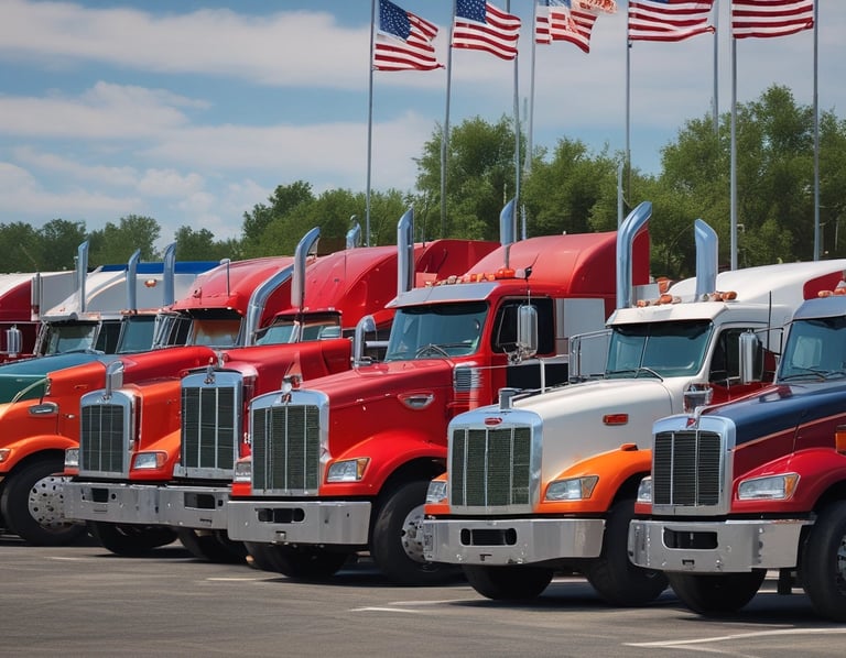 Five trucks are parked in a row on a dusty ground against a backdrop of mountainous terrain. The trucks are of different colors and types, including cement mixers and loaders, with industrial buildings in the background.