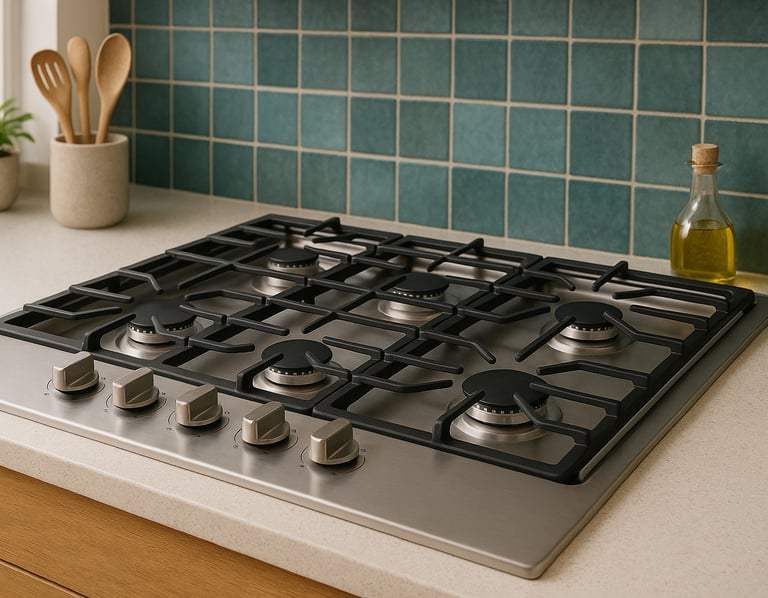 Six-burner gas cooktop in a modern kitchen with teal tile backsplash and wood cabinets.
