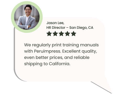 Client review on printing training manuals and shipping from Peru to California.