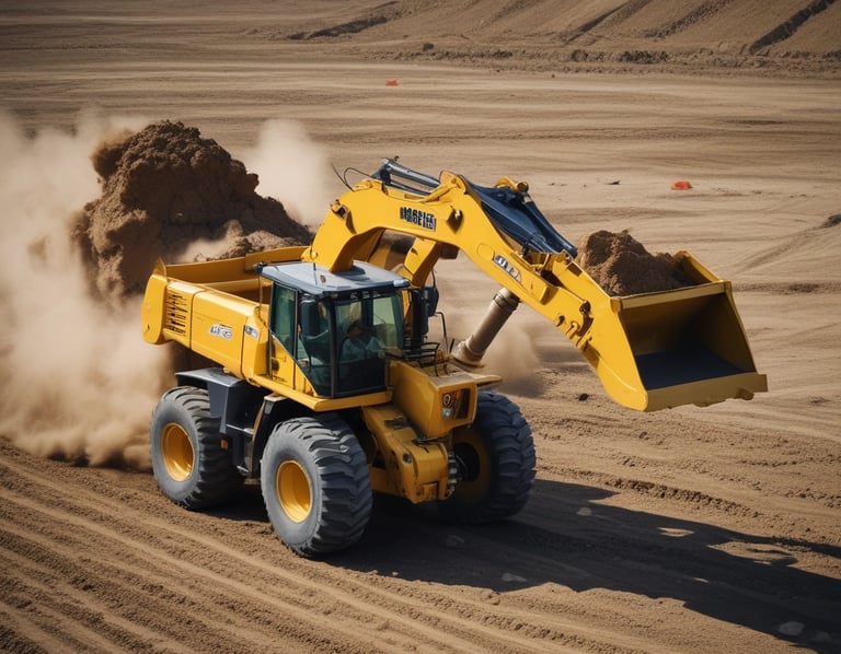 A large, yellow construction drill rig is operating on a rocky terrain, creating a cloud of dust. It is surrounded by loose stones and earth, with hills in the far background. The machine is equipped with hoses and drilling components, indicating its use in mining or construction work.