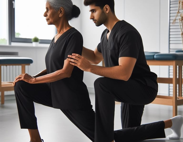 elderly woman doing exercises with Physiotherapist wearing black