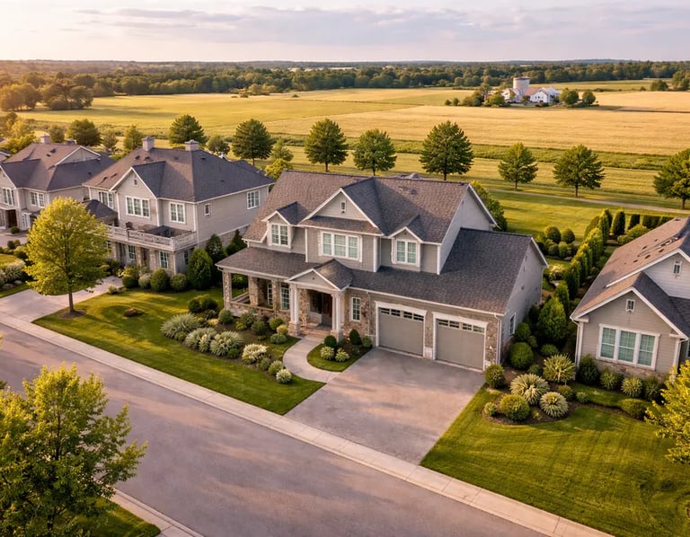 Aerial view of a modern home at golden hour within a residential neighbourhood