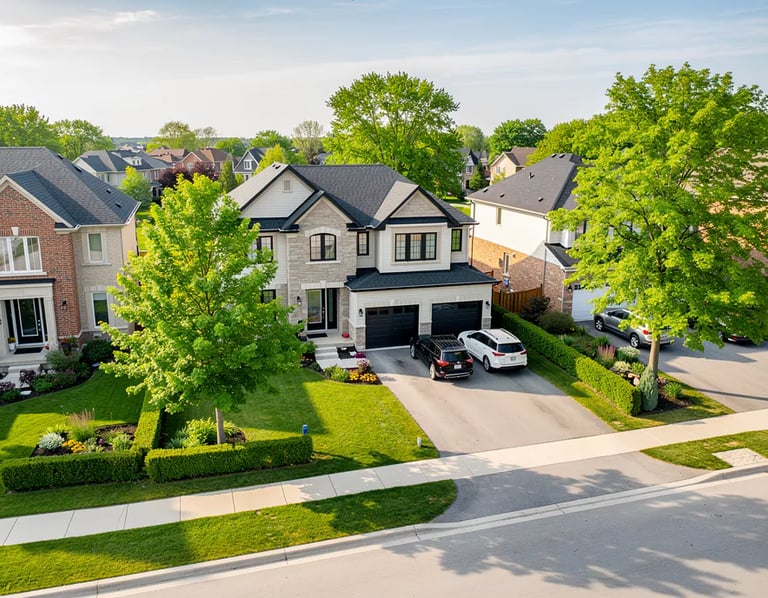 Aerial view of a modern home within a large modern house in a residential neighbourhood