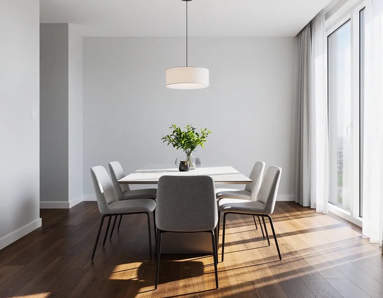 clean modern dining room with large windows letting in natural light