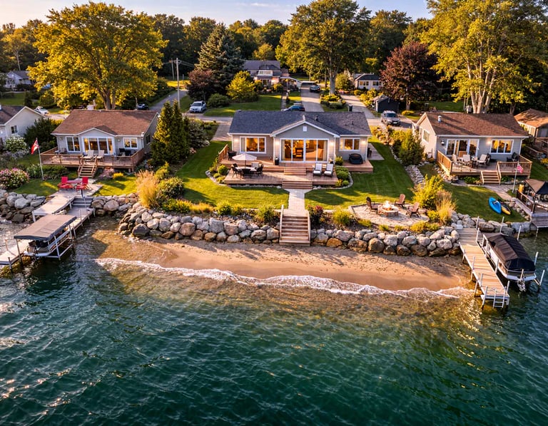 Drone view of a lakefront cottage along the shoreline